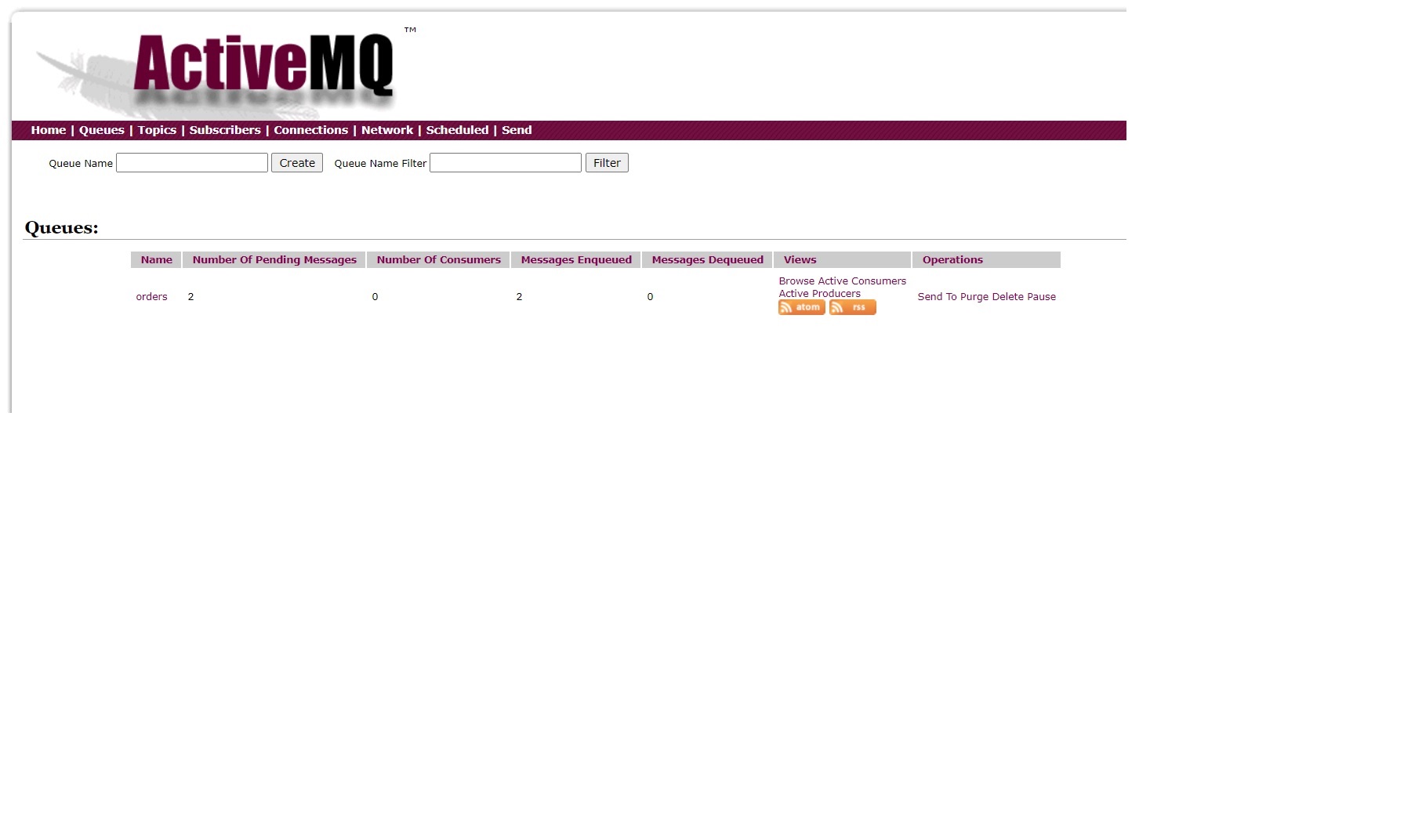 Screenshot showing ActiveMQ queues UI