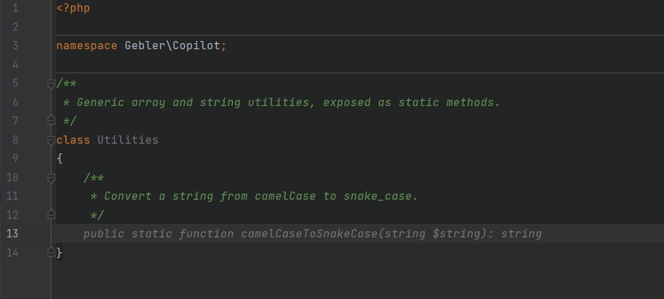Screenshot showing Copilot suggesting a static function implementation of a camelCase to snake_case converter
