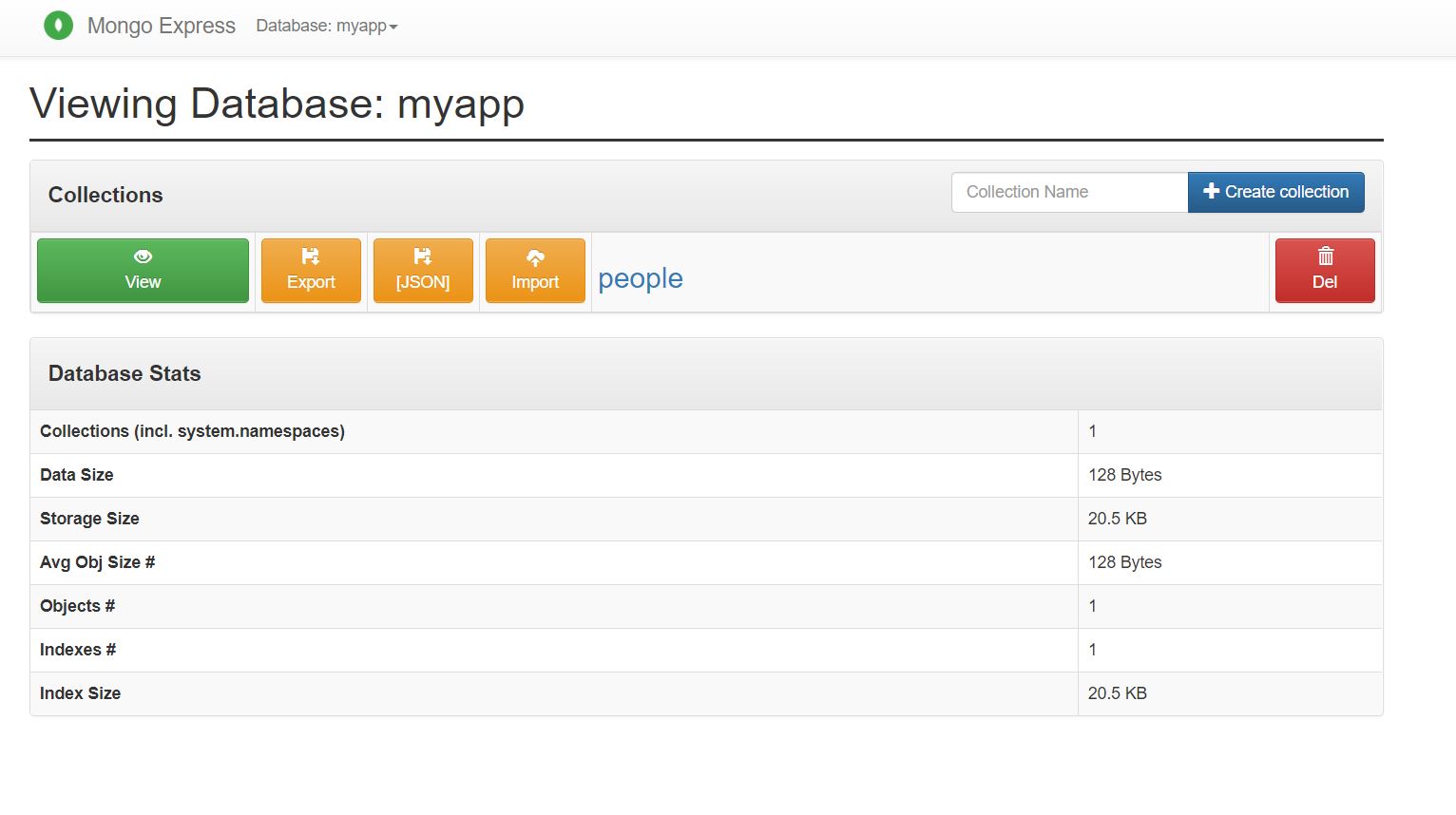 Screenshot showing Mongo Express view of myapp database