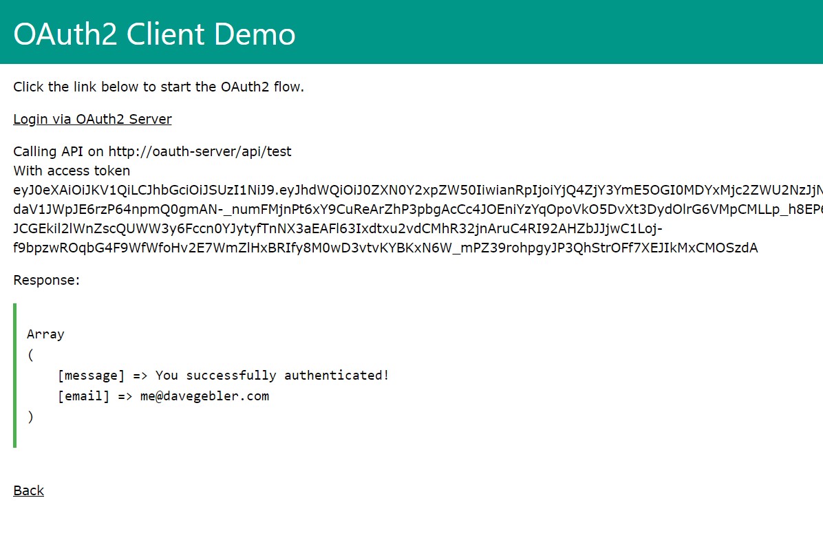 Screenshot showing OAuth2 client API result page