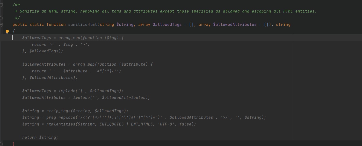 Screenshot showing Copilot suggested code for HTML sanitization