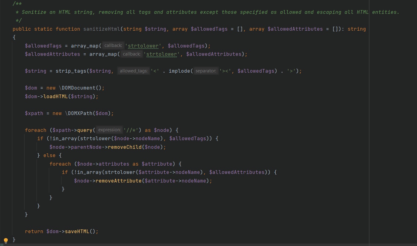 Screenshot showing Copilot suggested code for HTML sanitization using DOM