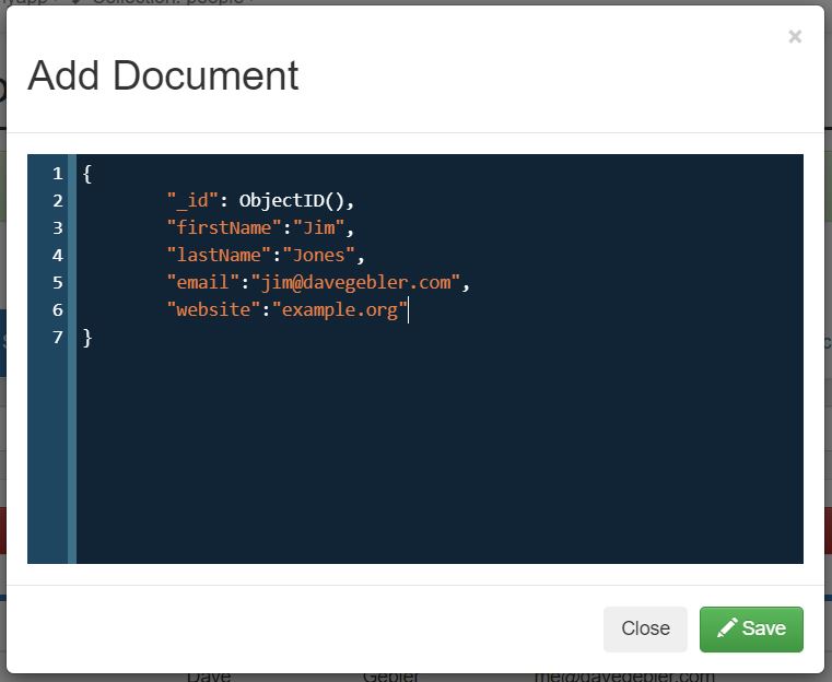 Screenshot showing a new document inserted in Mongo Express