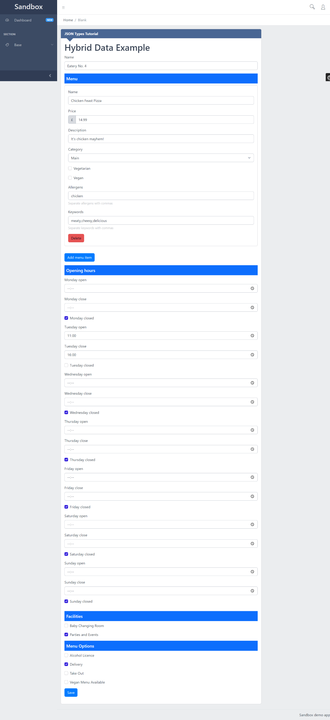 Restaurant form using hybrid data model