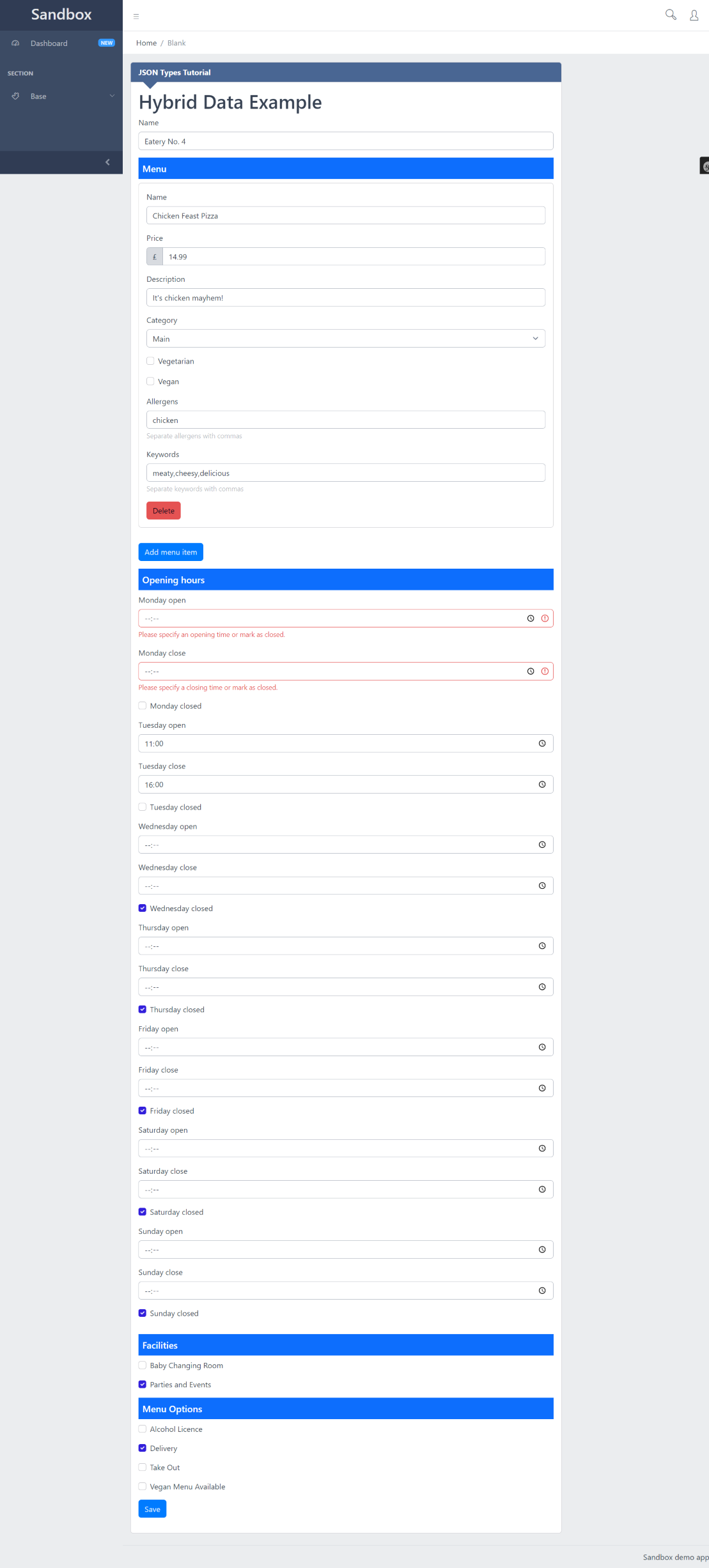 Restaurant form showing error on opening hours